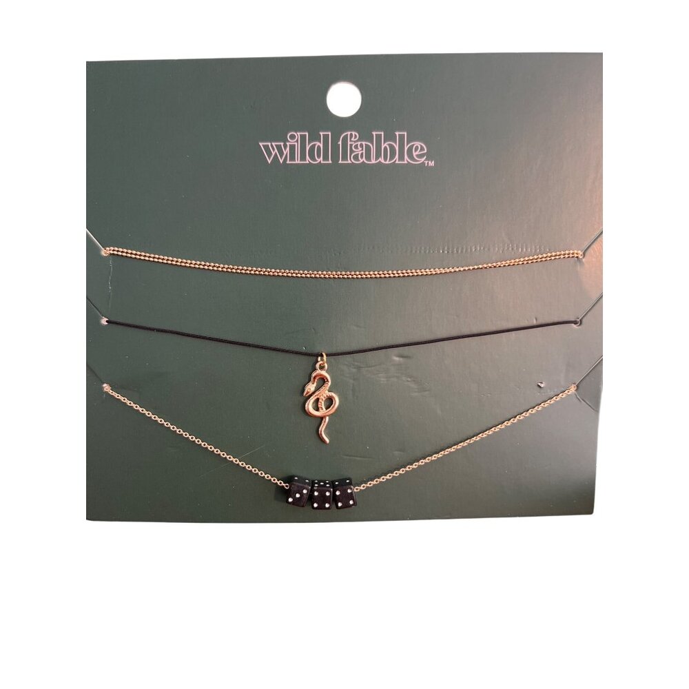 Wild Fable 3 Piece Necklace Set Choker Collar Gold Tone Dice Snake Black NEW